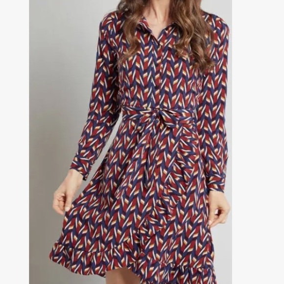 Lace & mesh/ModCloth long sleeve faux wrap mini dress retro geometric print mini - Picture 2 of 13